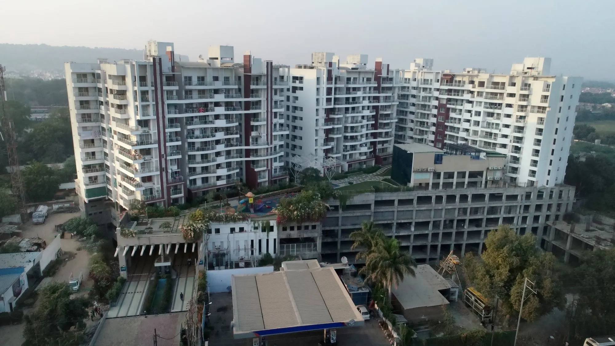 Keshar Apartments from the air — three blocks around the podium garden