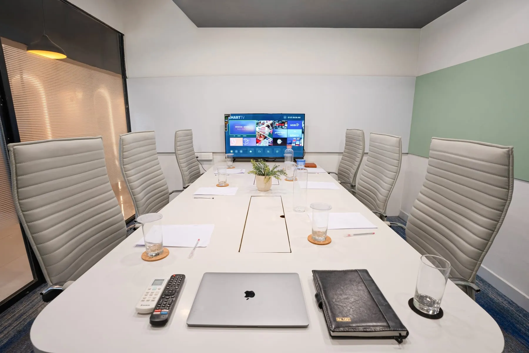 Boardroom with eight seats, end view