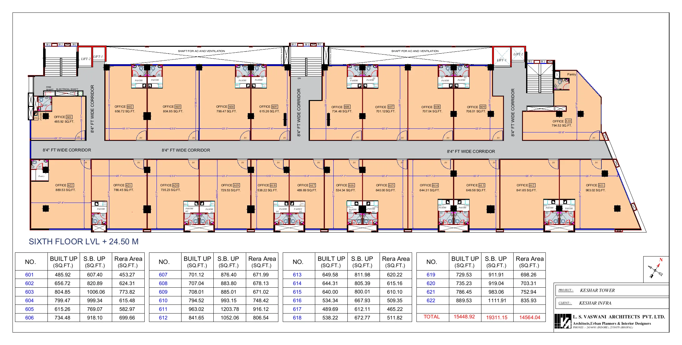 Sixth floor plan, Keshar Towers — offices 601 to 622 either side of a central corridor